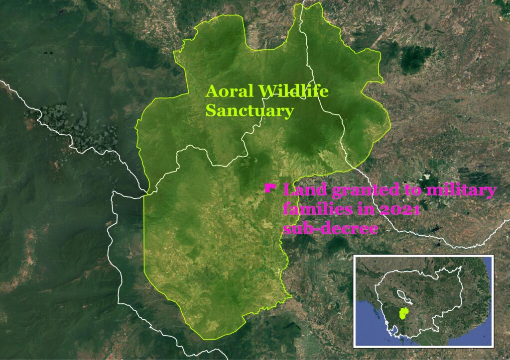 A map showing Metta Forest and the 2021 land grant to families of the Royal Cambodian Armed Force's Brigade 70 within Cambodia's Phnom Aoral Wildlife Sanctuary. (Map by Danielle Keeton-Olsen/MI)
