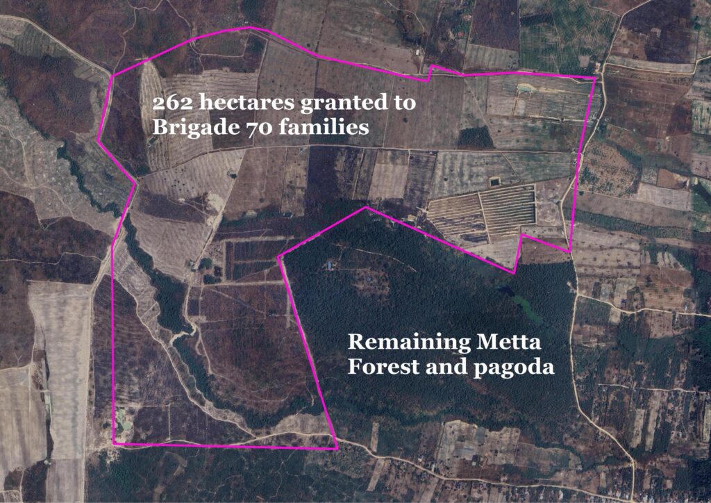 A map showing the area granted to families of the Royal Cambodian Armed Forces' Brigade 70, compared with the remaining area of Metta Forest. (Map by Danielle Keeton-Olsen/MI)