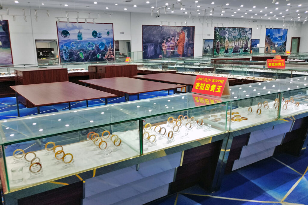 Once inside Happy Garden Restaurant / Hao Jie Jewelry, Mongabay was briefly able to document a jewelry store style layout, but with products ranging from rhino horn bracelets to bags of pangolin scales, before cleaning staff chased our reporter out. Image by Mongabay.