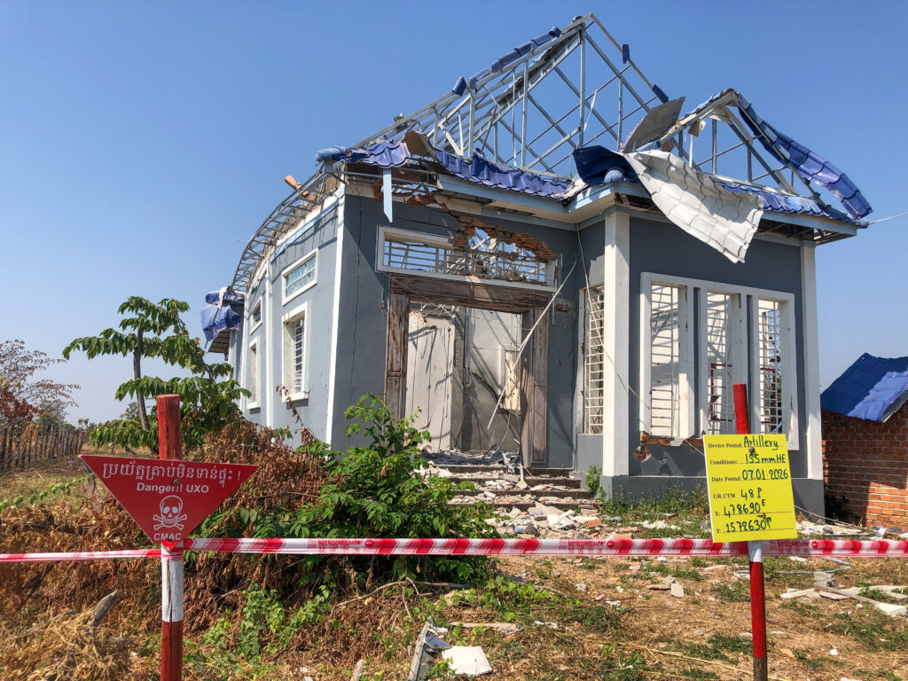 A house damaged by artillery firing in Preah Vihear province's Choam Ksant district in Cambodia on January 15, 2026. (Meng Kroypunlok/Mekong Independent)