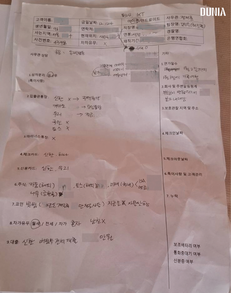 A document containing the actual personal information of a victim collected by the South Korean cyber scam organization arrested in Cambodia earlier this year.