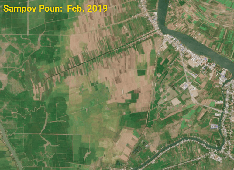 A gif showing the changes to land development in Cambodia's Sampov Poun city on the border with Vietnam between 2019 and 2026, using satellite imagery from the EU Sentinel satellite. (Danielle Keeton-Olsen/Mekong Independent)
