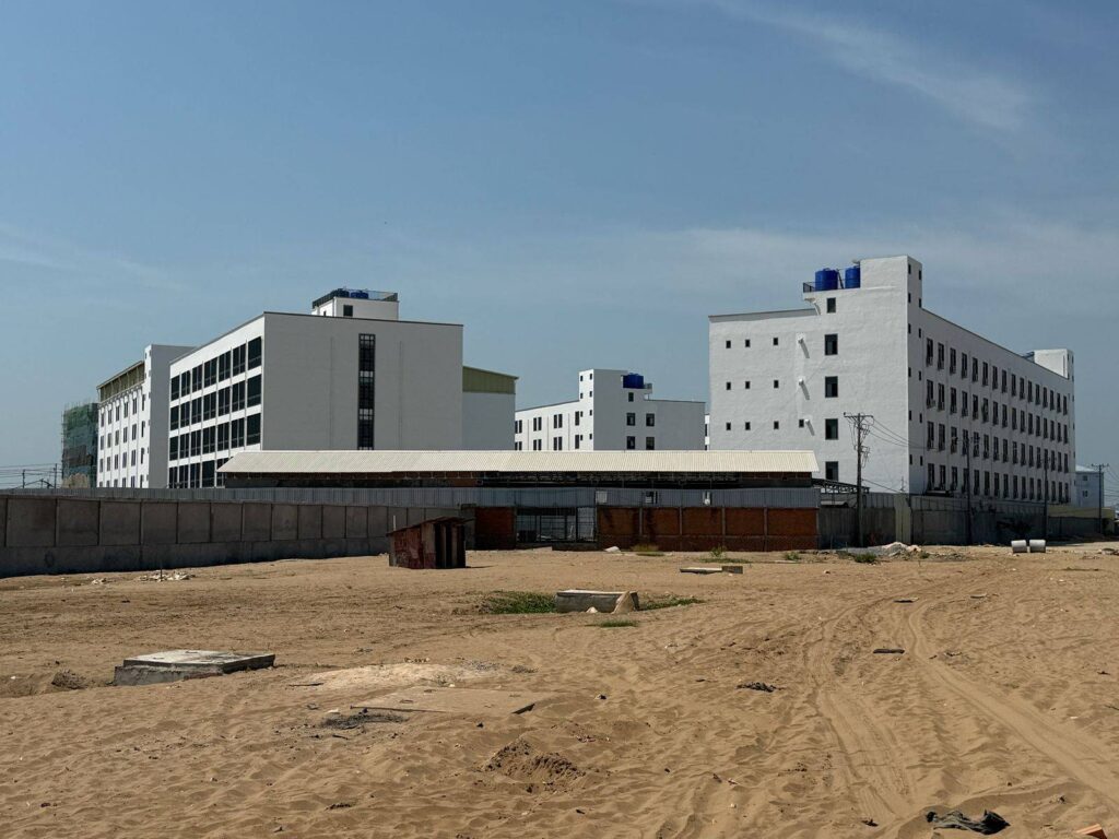 The sides of several buildings within a complex called "Prince 2" in Cambodia's Sampov Poun city on Feb. 20, 2026. (Mech Dara/Mekong Independent)