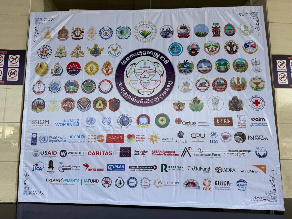 A banner showing Cambodian ministry names and organizations that support anti-human trafficking work in the country at an Anti-Human Trafficking Day event in Phnom Penh on February 25, 2026. (Mech Dara/Mekong Independent)