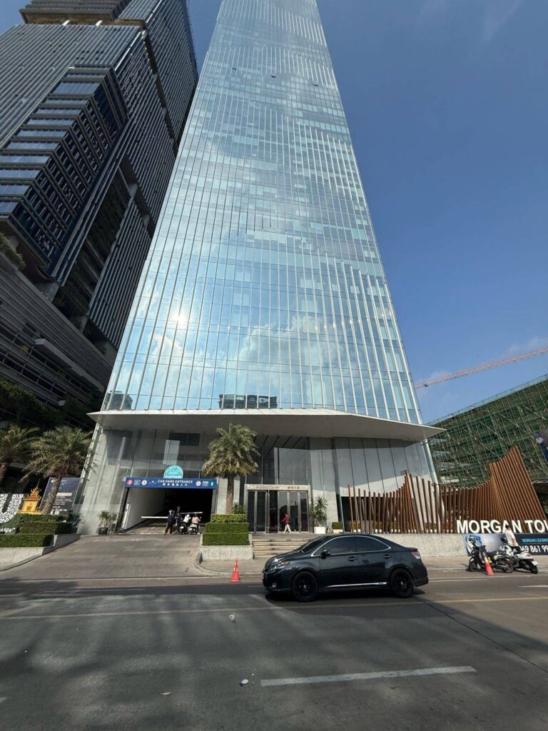 The entrance to Morgan Tower in Phnom Penh on March 2, 2026. (Mech Dara/Mekong Independent/Creative Commons)